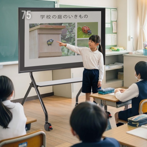 ディスプレイスタンド（キャスター付き・60インチ-100インチ対応・手動昇降・電子黒板・大型モニター・大型棚板付き・学校・会議室・サイネージ）