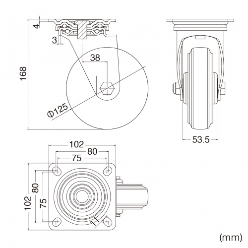 キャスター（後付け・汎用キャスター・125mm径・2個セット（フリー）・ゴム製）