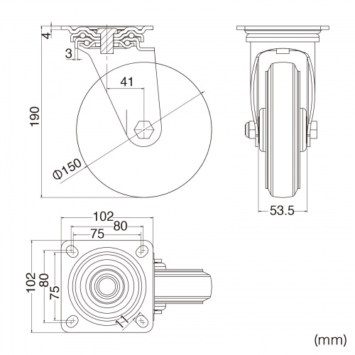キャスター（後付け・汎用キャスター・150mm径・2個セット（フリー）・ゴム製）