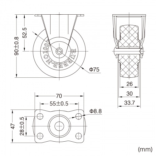 キャスター（後付け・汎用キャスター・75mm径・2個セット（固定）・ゴム製）