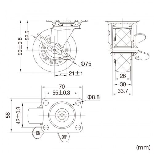 キャスター（後付け・汎用キャスター・75mm径・2個セット（フリーストッパー付き）・ゴム製）