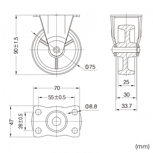 キャスター（後付け・汎用キャスター・75mm径・2個セット（固定）・ナイロン製）
