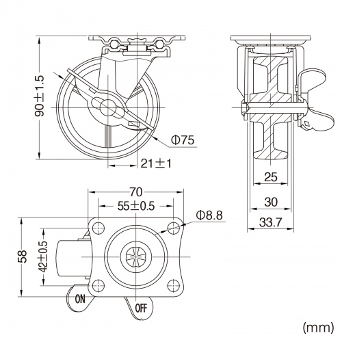 キャスター（後付け・汎用キャスター・75mm径・2個セット（フリーストッパー付き）・ナイロン製）