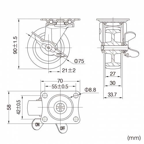 キャスター（後付け・汎用キャスター・75mm径・2個セット（フリーストッパー付き）・TPR製）