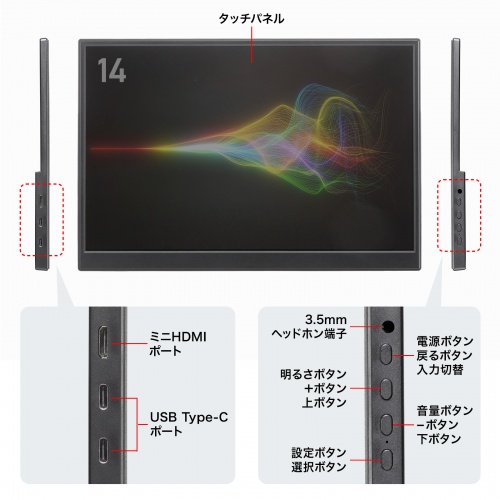 モバイルモニター(14インチ・タッチパネル・スタンド対応・USB Type-C
