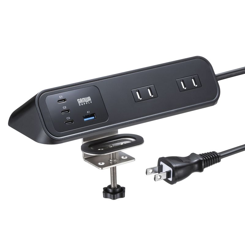 電源タップ クランプ固定式タップ AC4個口 USB-C×3 USB-A×1 PD65W対応 2m ブラック