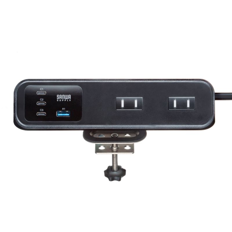 電源タップ クランプ固定式タップ AC4個口 USB-C×3 USB-A×1 PD65W対応 2m ブラック