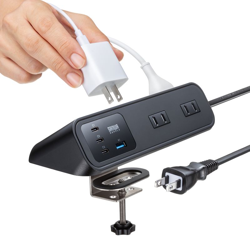 電源タップ クランプ固定式タップ AC4個口 USB-C×3 USB-A×1 PD65W対応 2m ブラック