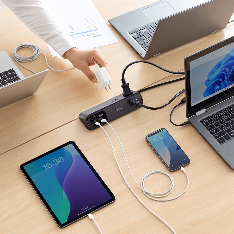 電源タップ クランプ固定式タップ AC4個口 USB-C×3 USB-A×1 PD65W対応 2m ブラック