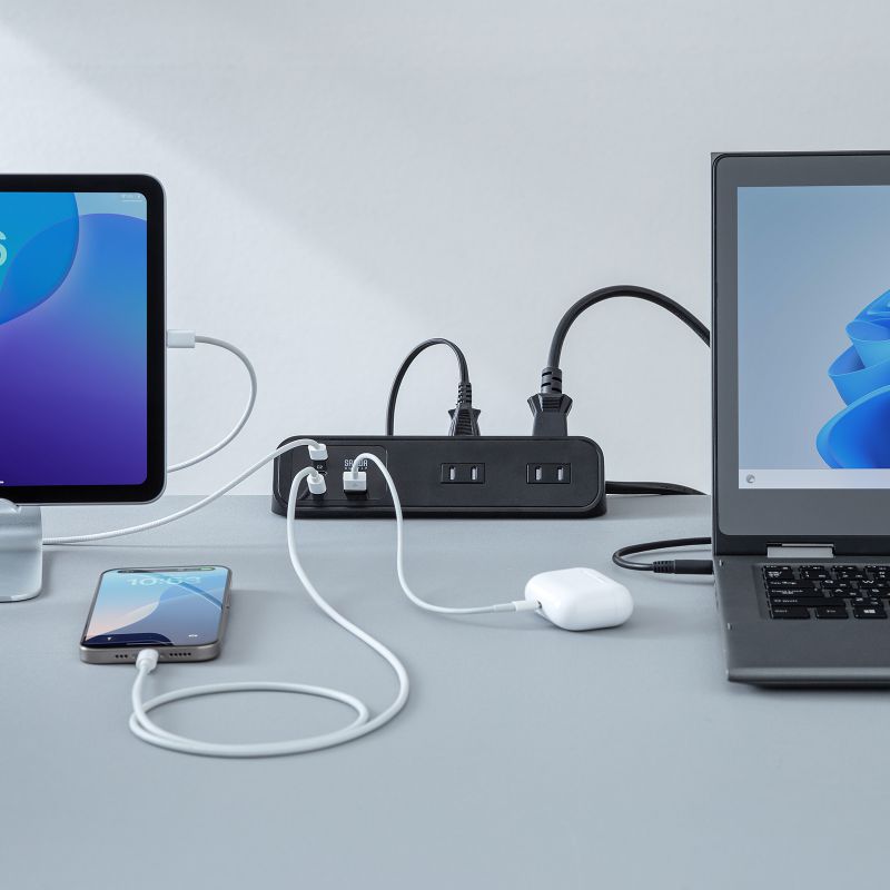 電源タップ クランプ固定式タップ AC4個口 USB-C×3 USB-A×1 PD65W対応 2m ブラック