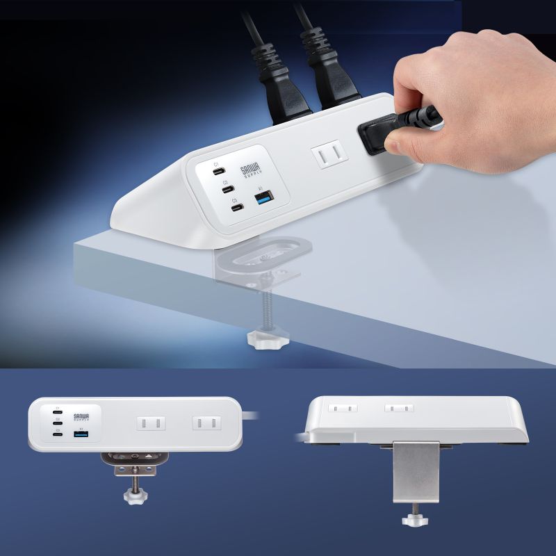 電源タップ クランプ固定式タップ AC4個口 USB-C×3 USB-A×1 PD65W対応 2m ホワイト