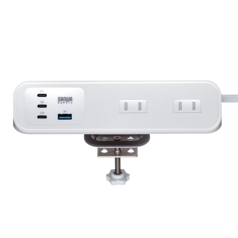 電源タップ クランプ固定式タップ AC4個口 USB-C×3 USB-A×1 PD65W対応 2m ホワイト
