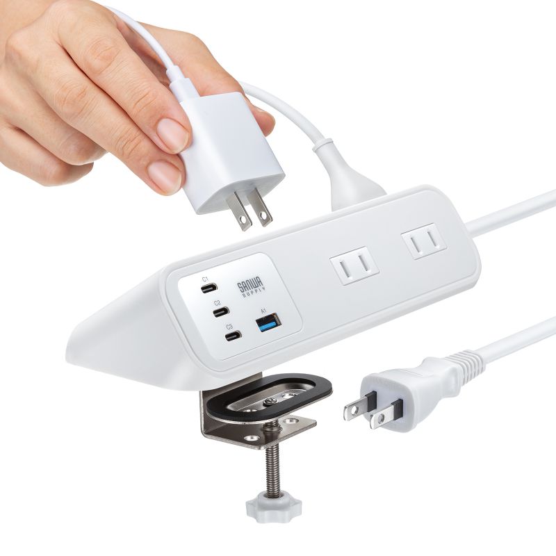 電源タップ クランプ固定式タップ AC4個口 USB-C×3 USB-A×1 PD65W対応 2m ホワイト