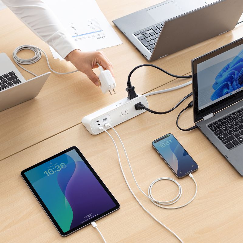 電源タップ クランプ固定式タップ AC4個口 USB-C×3 USB-A×1 PD65W対応 2m ホワイト