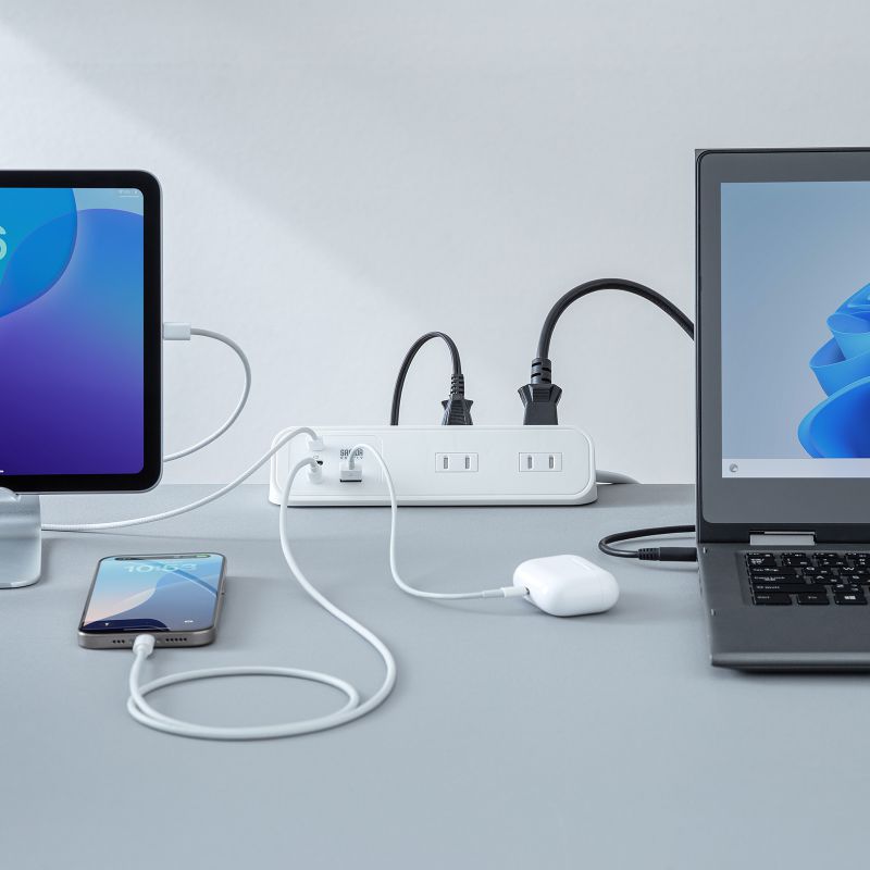 電源タップ クランプ固定式タップ AC4個口 USB-C×3 USB-A×1 PD65W対応 2m ホワイト