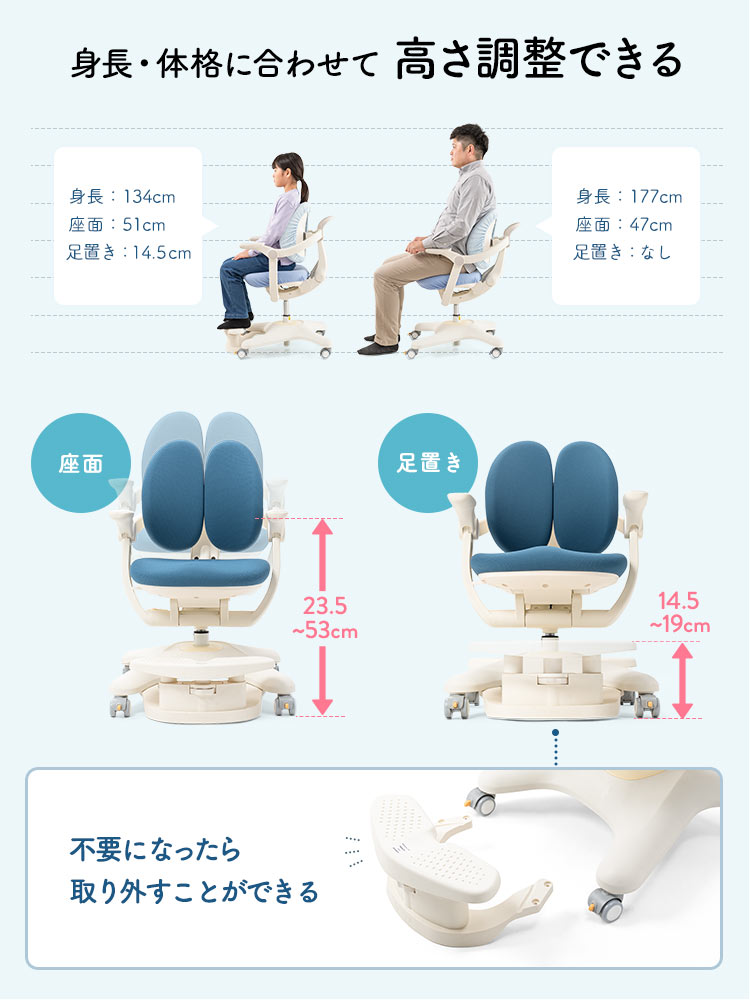 子供用学習椅子 背もたれ前後可動／姿勢を保ちやすい構造