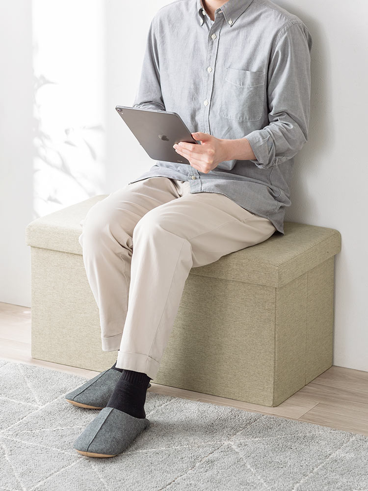 【収納スツール】折りたたみ2人掛け200kgオットマン ベージュ