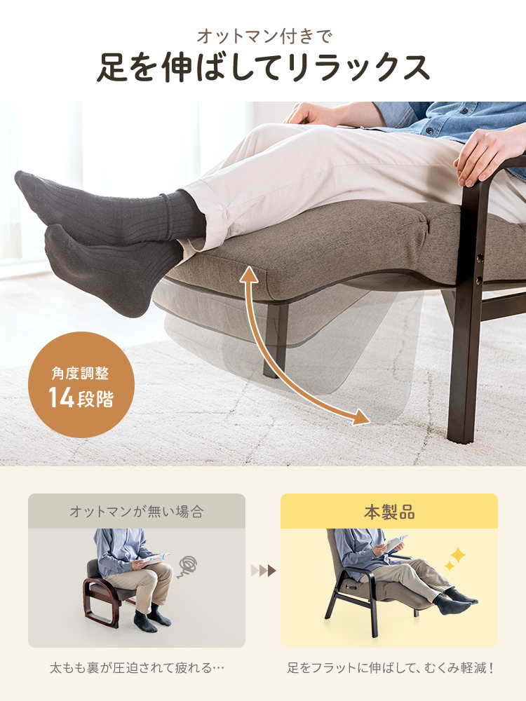 足を伸ばしてくつろげる オットマン付き高座椅子（グレー）レバー式リクライニングチェア