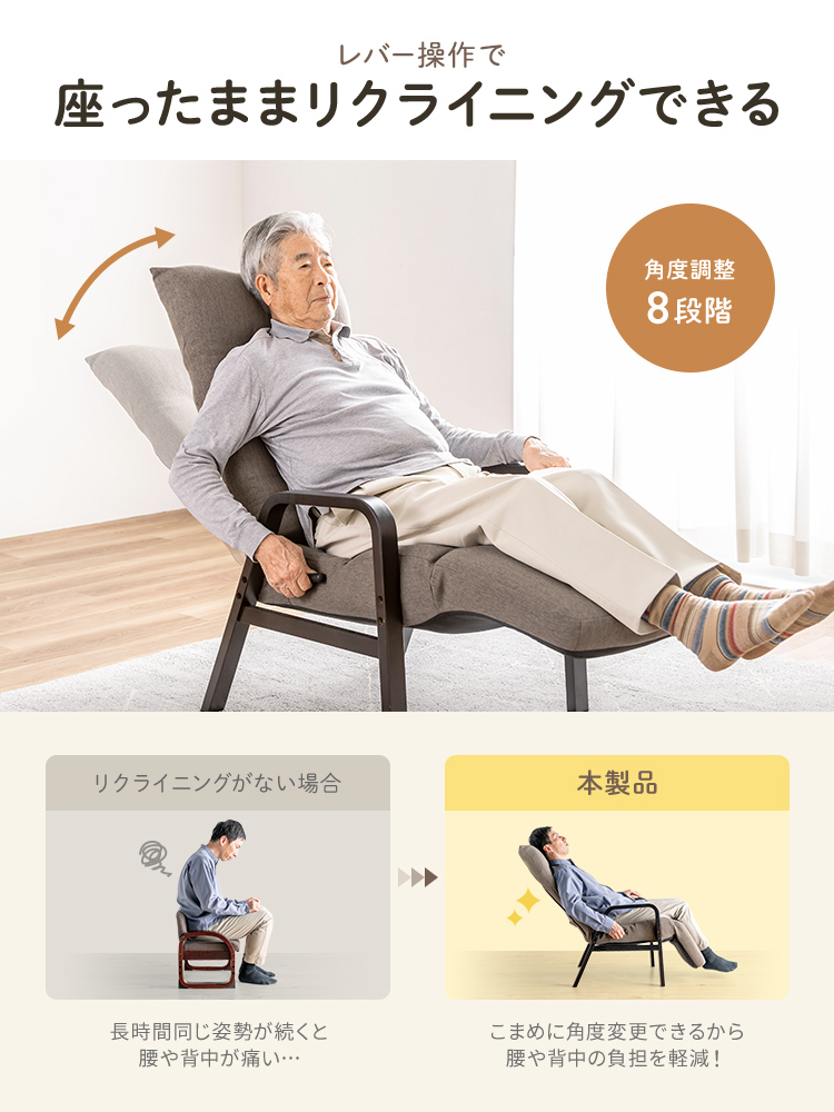 足を伸ばしてくつろげる オットマン付き高座椅子（グレー）レバー式リクライニングチェア