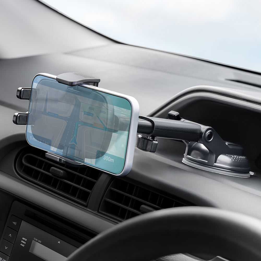 スマホ車載ホルダー／吸盤・手帳型対応／縦横回転と着脱しやすい設計