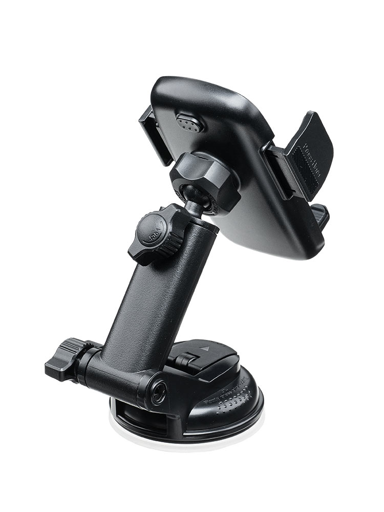 スマホ車載ホルダー／吸盤・手帳型対応／縦横回転と着脱しやすい設計