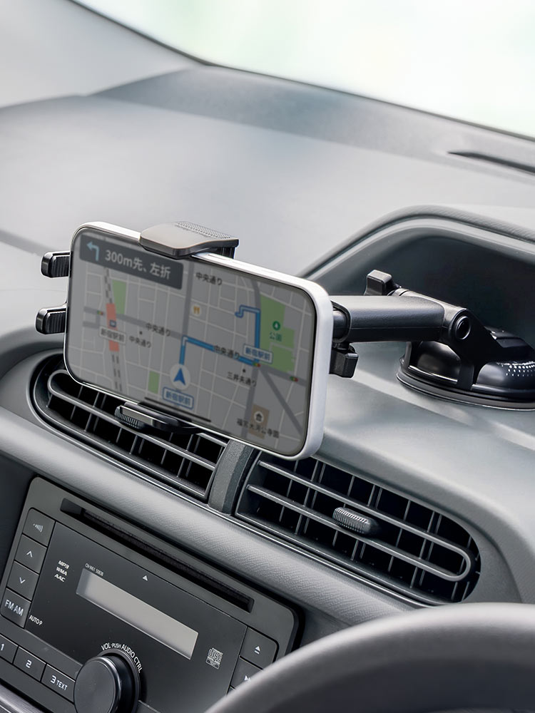 スマホ車載ホルダー／吸盤・手帳型対応／縦横回転と着脱しやすい設計