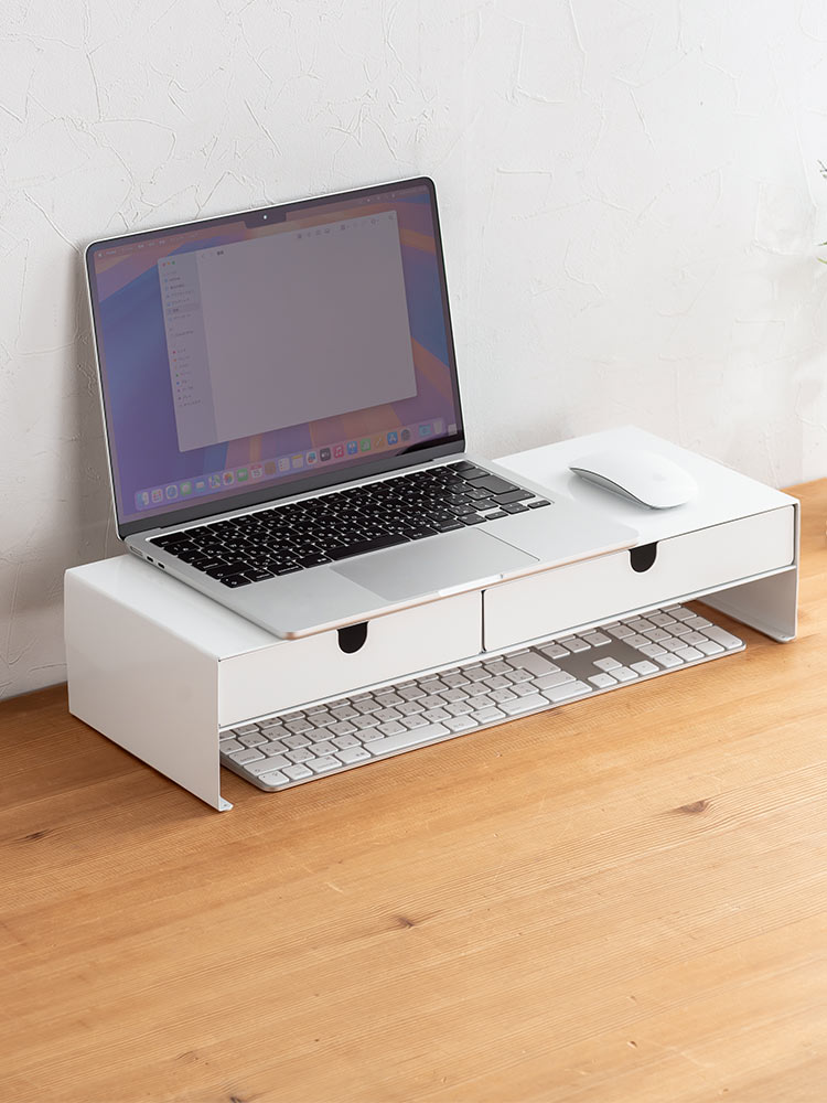 モニター台 卓上ラック 幅50cm スチール｜机上の整理に便利な引き出し＆滑り止め付き ホワイト おすすめ収納