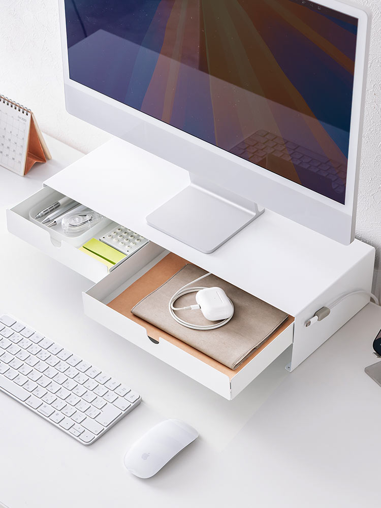 モニター台 卓上ラック 幅50cm スチール｜机上の整理に便利な引き出し＆滑り止め付き ホワイト おすすめ収納