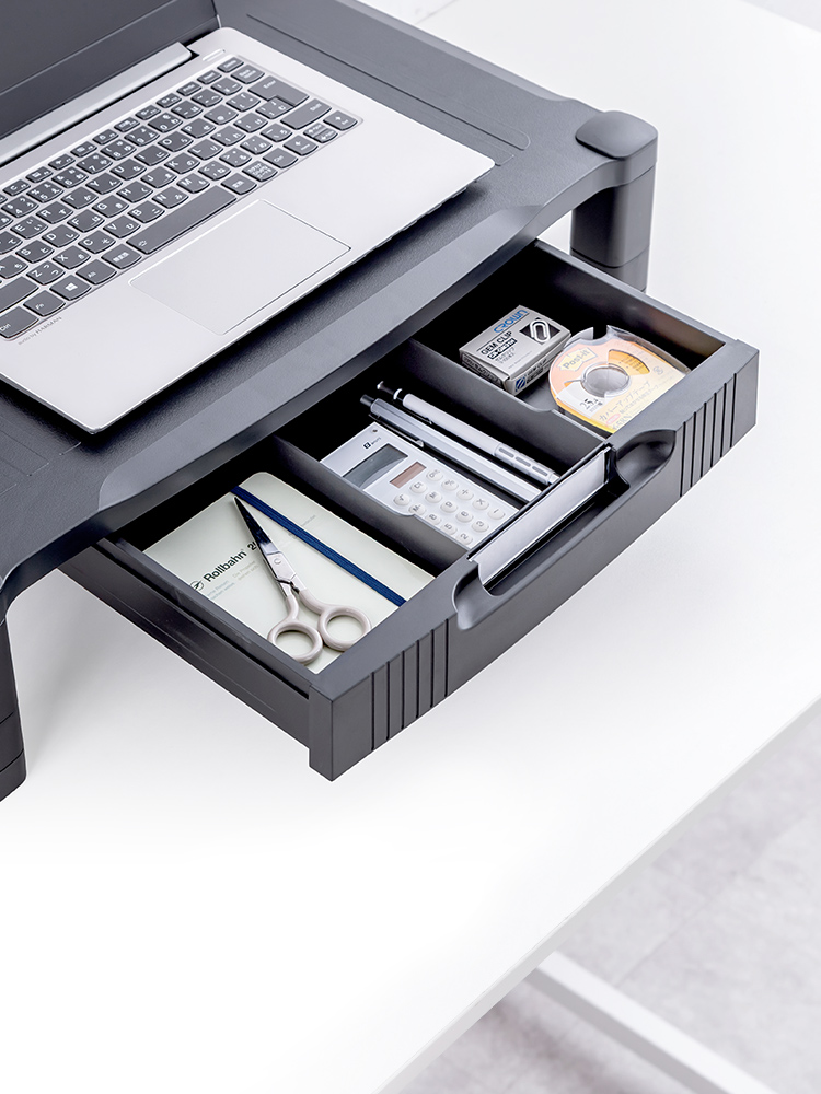 【モニター台】A4用紙収納 引き出し付き机上ラック 高さ調整 幅56cm キーボードも収納可能