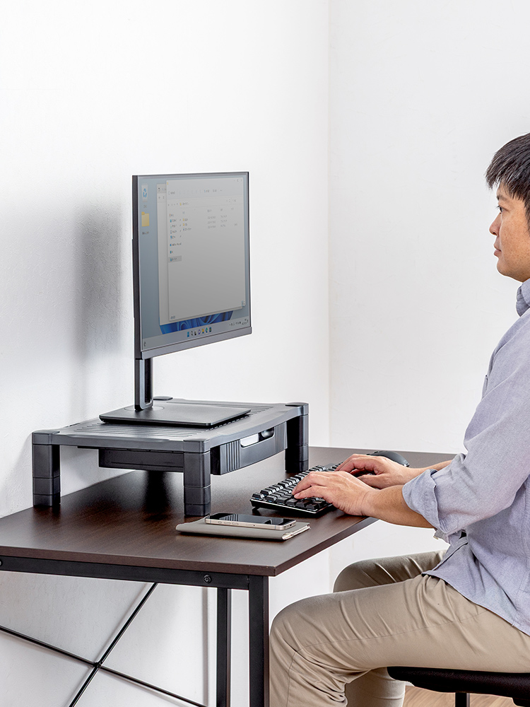 【モニター台】A4用紙収納 引き出し付き机上ラック 高さ調整 幅56cm キーボードも収納可能