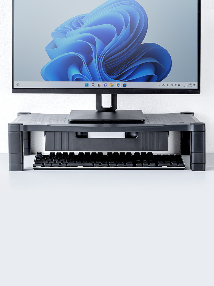 【モニター台】A4用紙収納 引き出し付き机上ラック 高さ調整 幅56cm キーボードも収納可能
