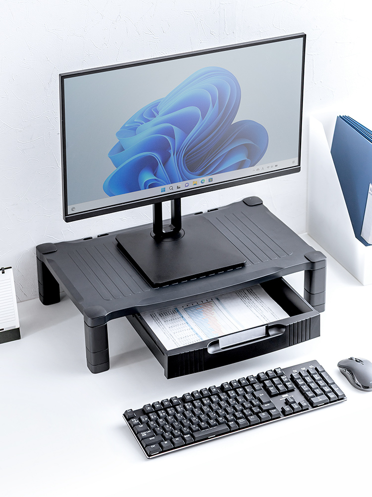 【モニター台】A4用紙収納 引き出し付き机上ラック 高さ調整 幅56cm キーボードも収納可能