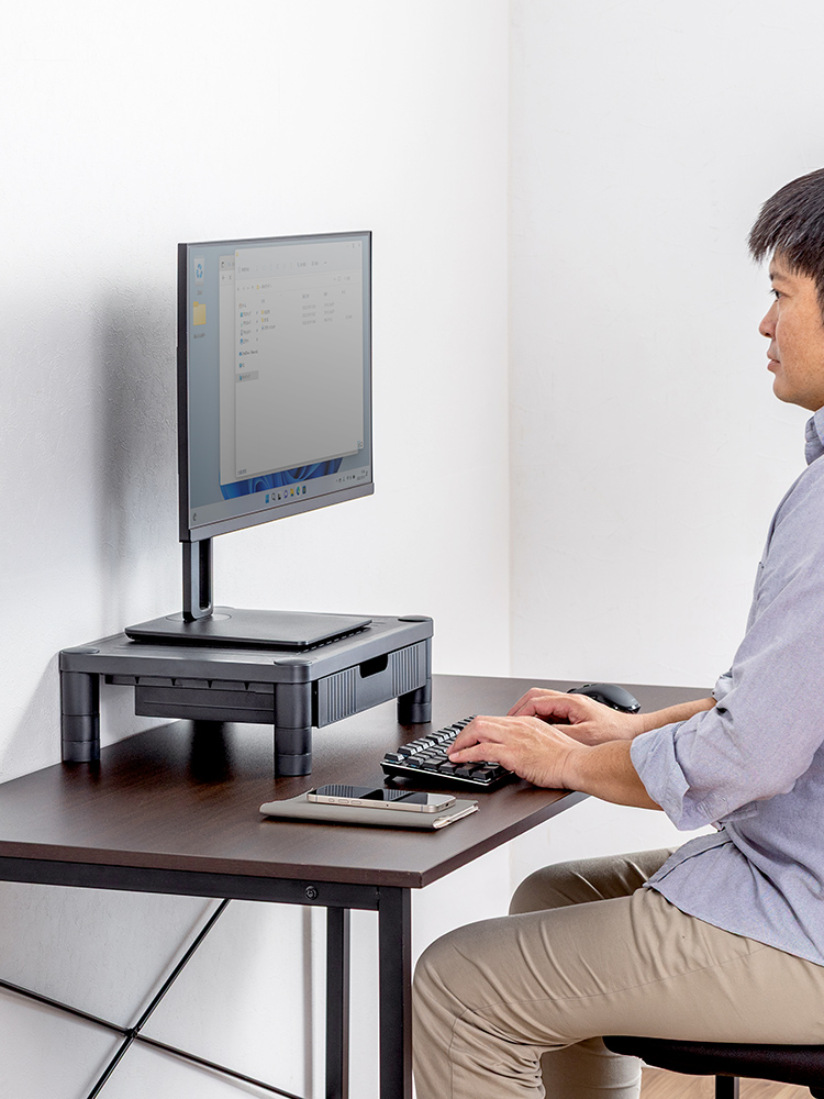 【モニター台】A4用紙収納 引き出し付き机上ラック 高さ調整 幅43cm 小物やマウスも収納可能