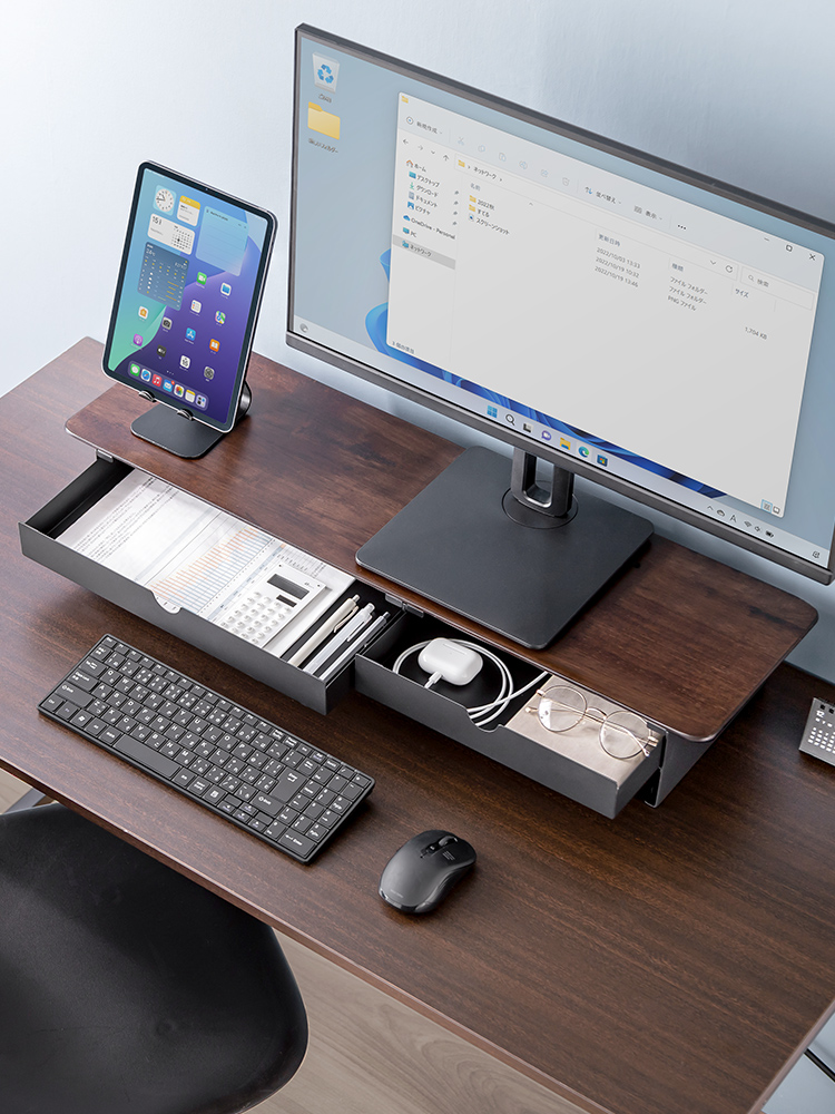 【モニター台】木製80cm 2引き出し 耐荷重30kg