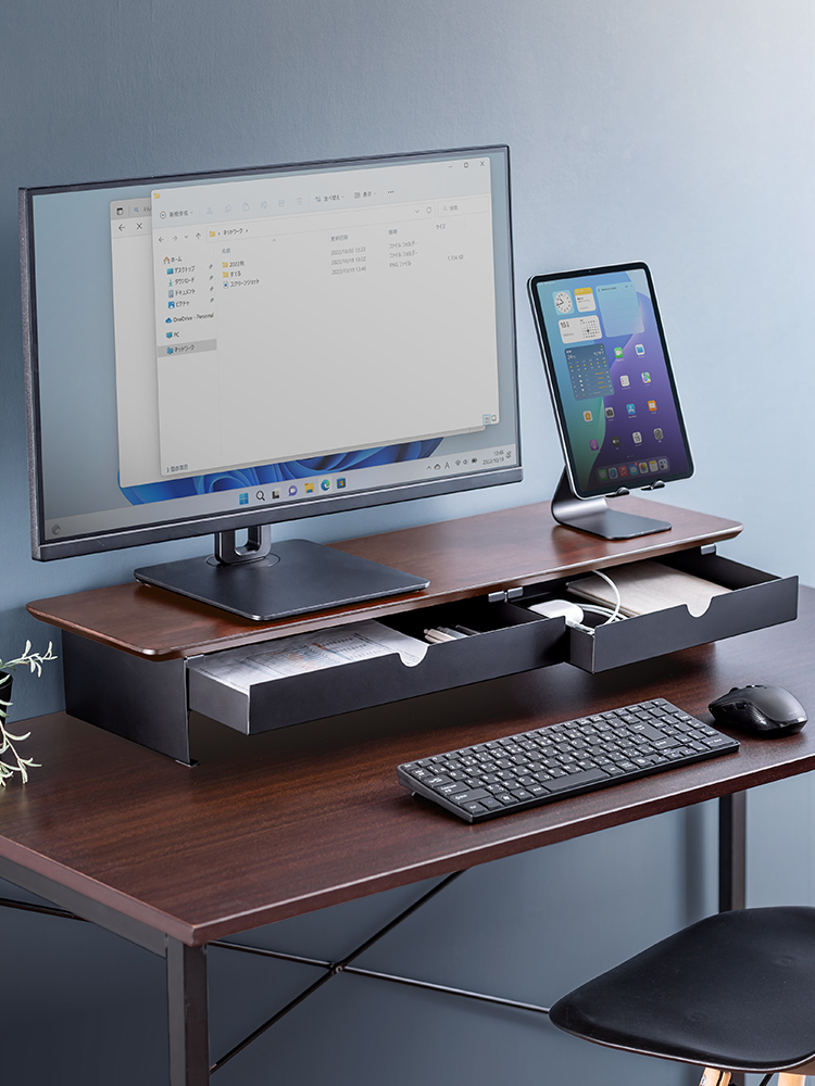 【モニター台】木製80cm 2引き出し 耐荷重30kg