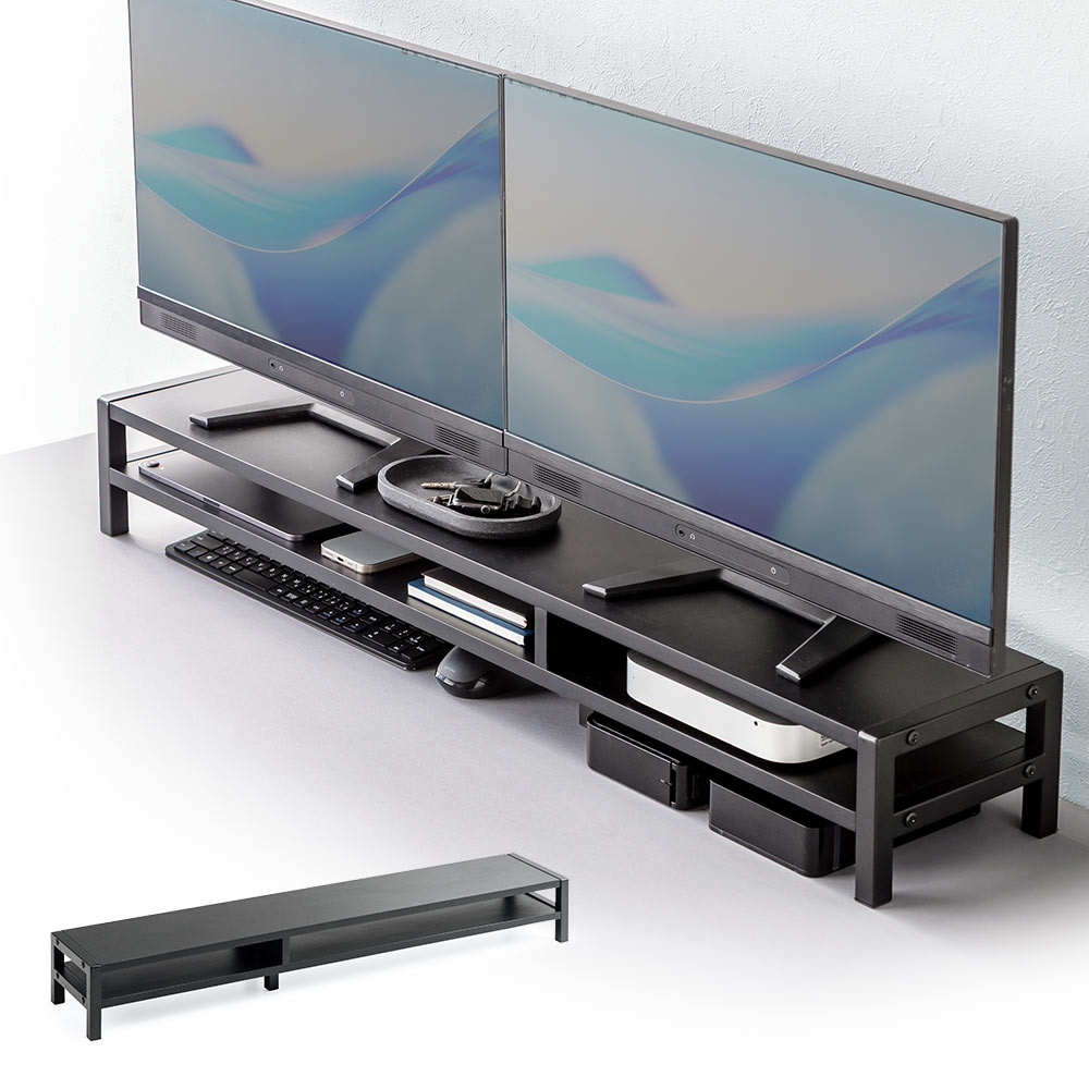 モニター台 2段式 幅100cm | 木製棚・キーボード収納・プリンター・安いおすすめラック ブラック