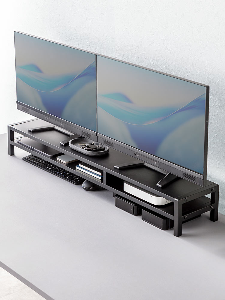 モニター台 2段式 幅100cm | 木製棚・キーボード収納・プリンター・安いおすすめラック ブラック