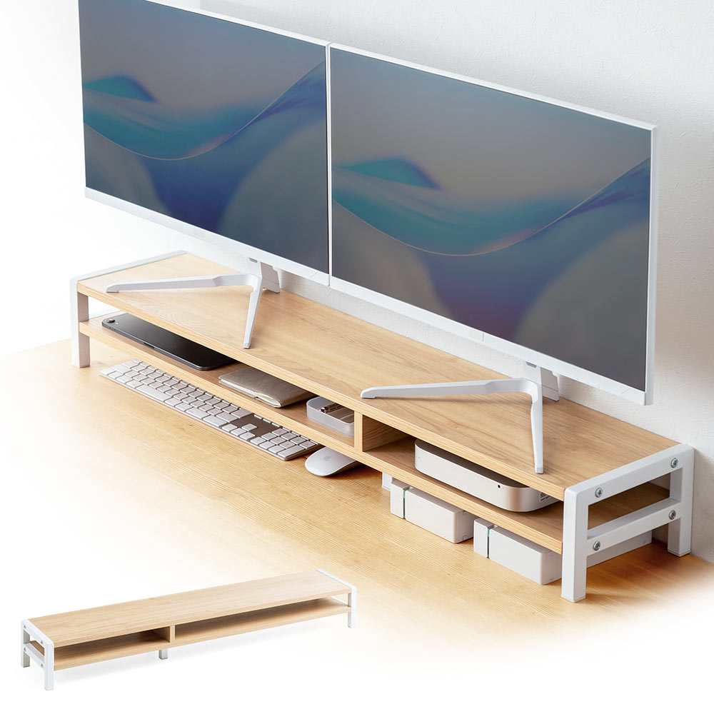 モニター台 2段式 幅100cm | 木製棚・キーボード収納・プリンター・安いおすすめラック ライトブラウン