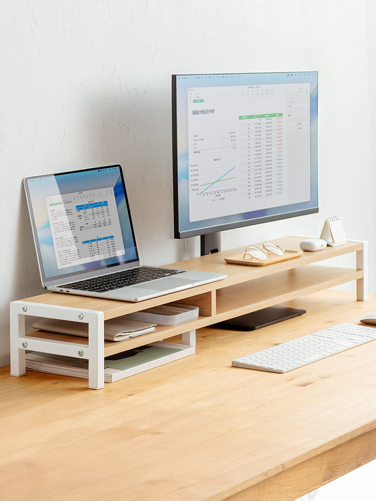 モニター台 2段式 幅100cm | 木製棚・キーボード収納・プリンター・安いおすすめラック ライトブラウン