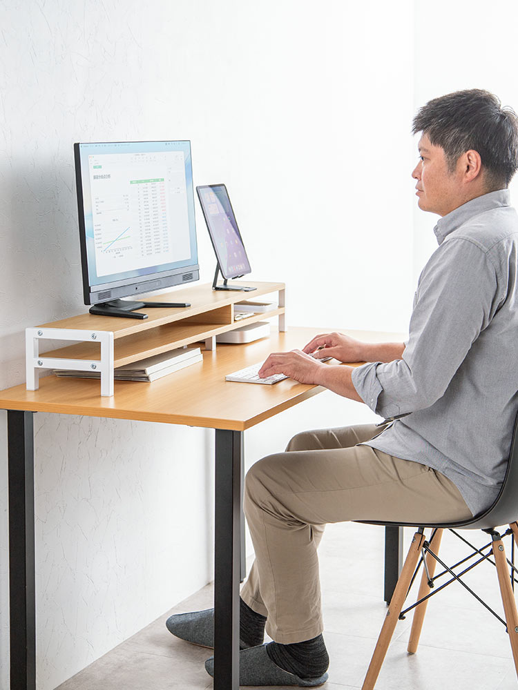 モニター台 2段式 幅100cm | 木製棚・キーボード収納・プリンター・安いおすすめラック ライトブラウン