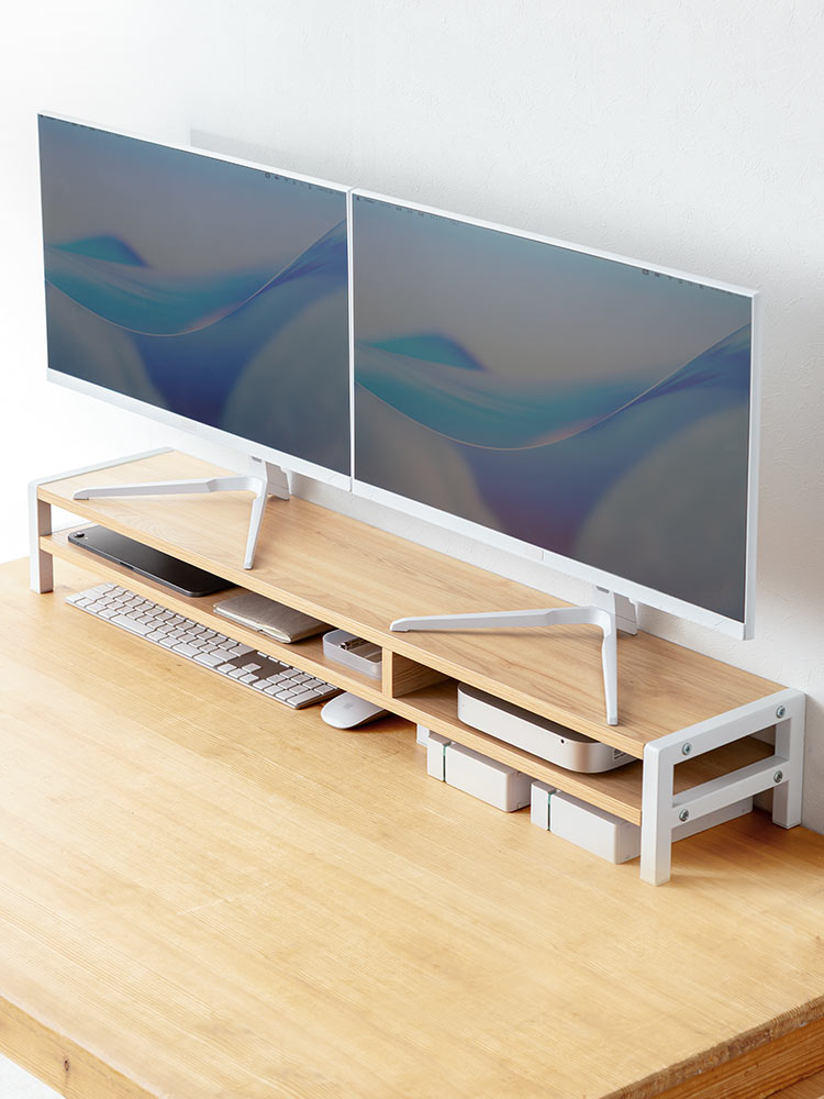 モニター台 2段式 幅100cm | 木製棚・キーボード収納・プリンター・安いおすすめラック ライトブラウン