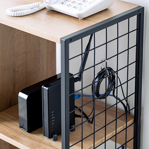 電話台（FAX・リビング ・マルチスタンド・チェスト・シェルフ・収納・メッシュ・アイアン・木目・横幅71.8cm・高さ82cm）