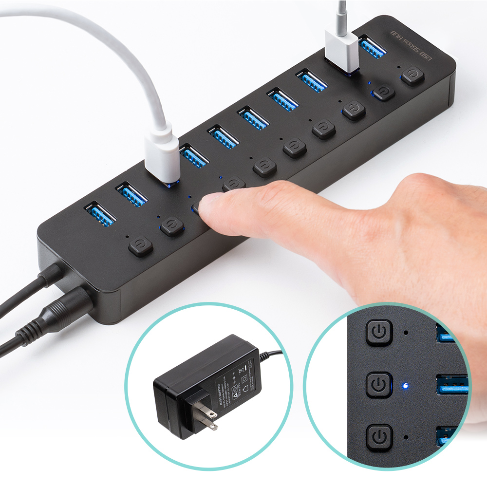 USBハブ 10ポート｜ACアダプタ付・個別スイッチ・USB3.2高速・セルフパワーで充電通信どちらにもおすすめ