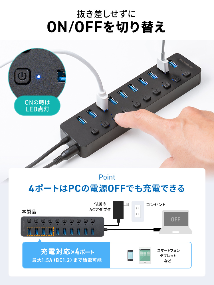 USBハブ 10ポート｜ACアダプタ付・個別スイッチ・USB3.2高速・セルフパワーで充電通信どちらにもおすすめ
