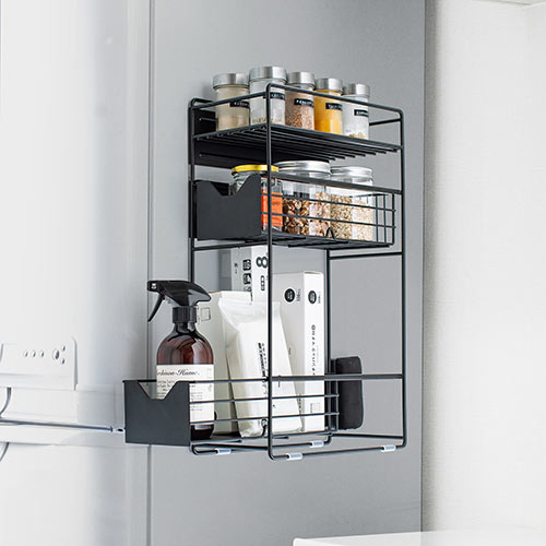 マグネットラック（サイドラック・3段・引き出し・自立・置き型・2way・デスク横・完成品・ブラック）