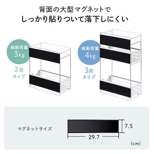 マグネットラック（サイドラック・3段・引き出し・自立・置き型・2way・デスク横・完成品・ホワイト）