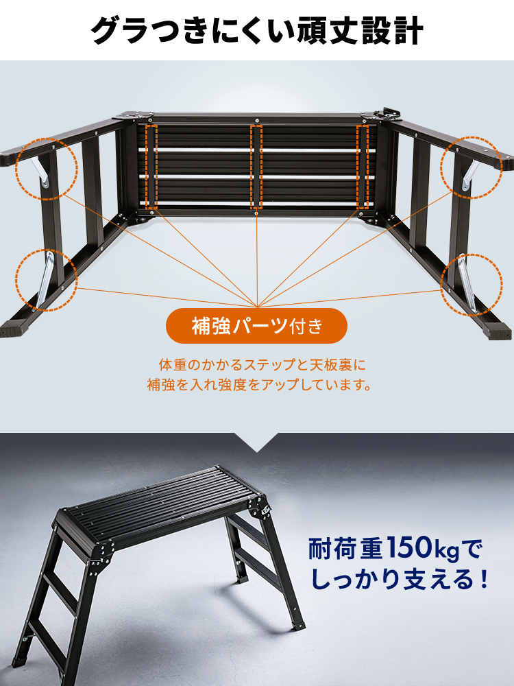 足場台 アルミ脚立(洗車や車メンテナンスにおすすめ 軽量・折りたたみ・高耐荷重タイプ・ブラック)