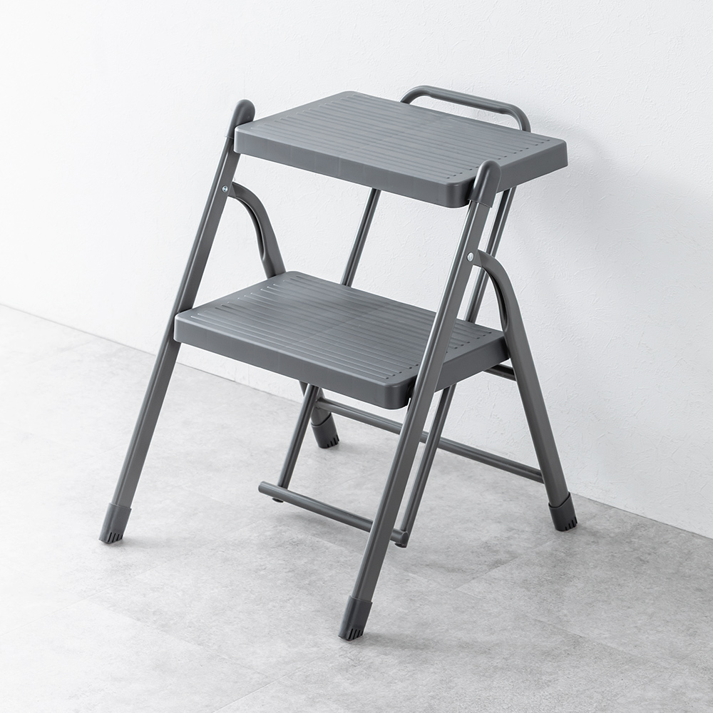 脚立 2段踏み台／折りたたみ・滑り止め加工／室内外で使いやすい設計 グレー