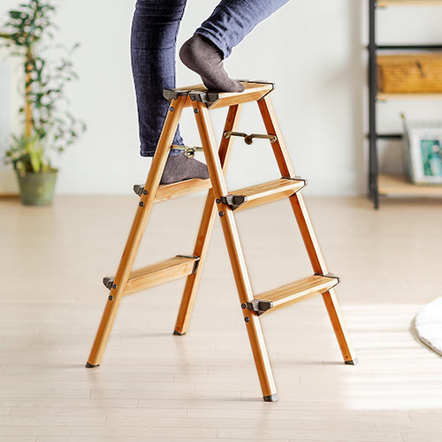 3段踏み台（脚立・ステップ・折りたたみ・収納・インテリア・木目・ブラウン・おすすめ）