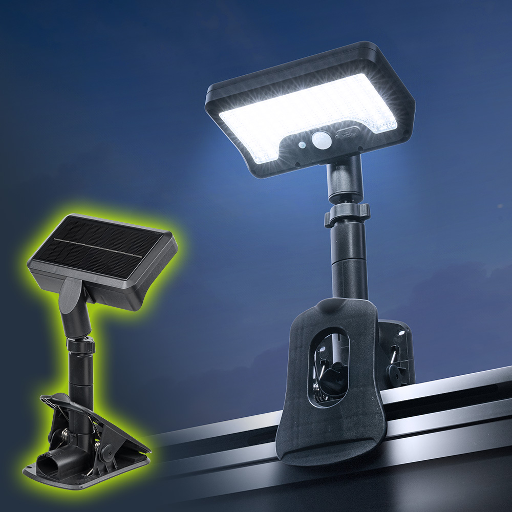 クリップで挟んで使えるソーラー充電式LEDライト | 自立スタンドにもなる2WAY仕様・屋外防水・人感センサー対応